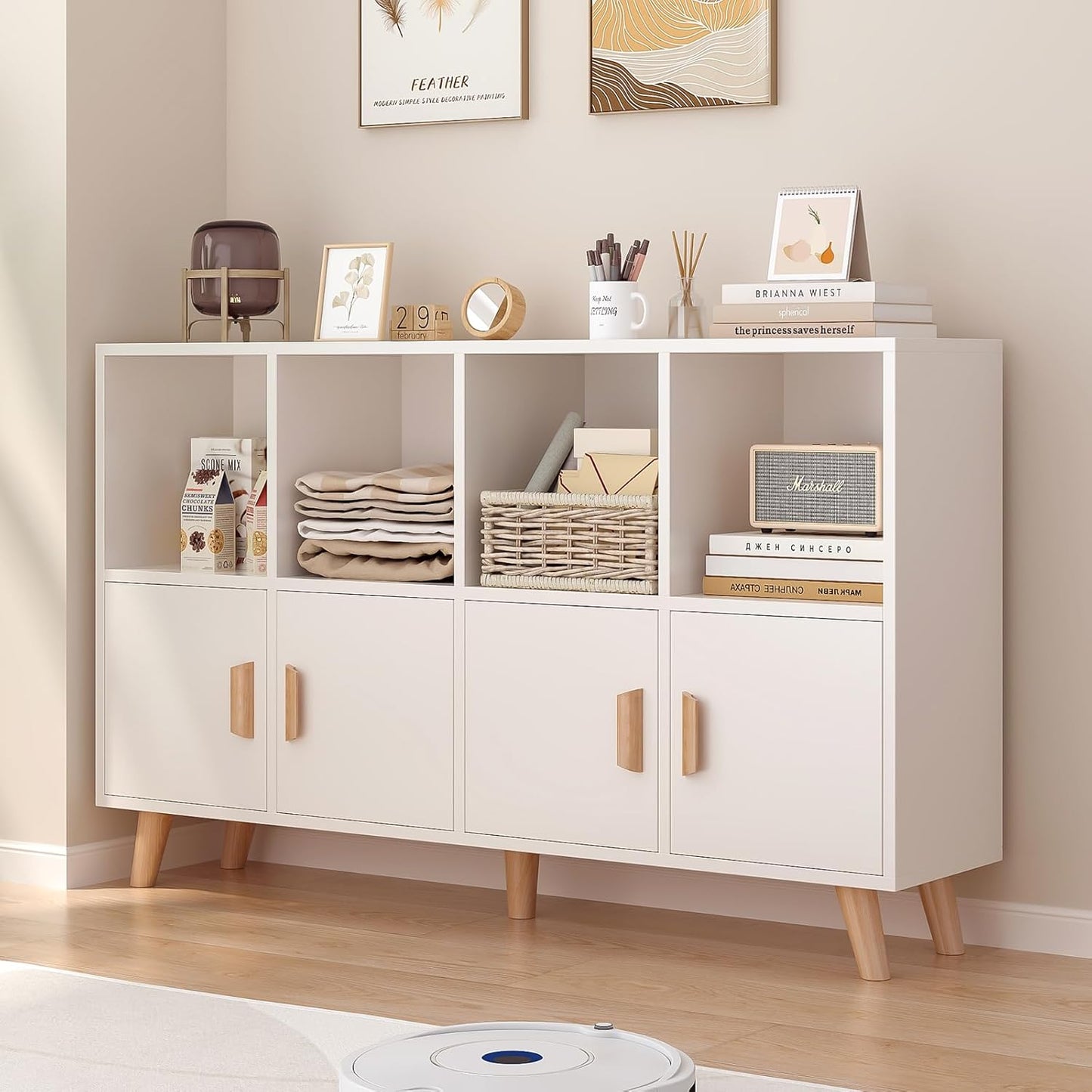 Cubby Shelf Bookcase with Doors - Wooden 8 Cube Floor Standing Open Bookshelf with Solid Wood Legs, 2-Tier Low Storage Cabinet, Warm White