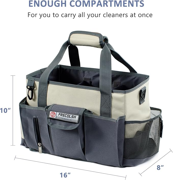 Large Cleaning Caddy for Suppliers Organizer,15'' Professional Organizer with Handle,Wearable Cleaing Bag,Cleaning Storage Caddy,Cleaning Housekeeping,Ivory-Grey