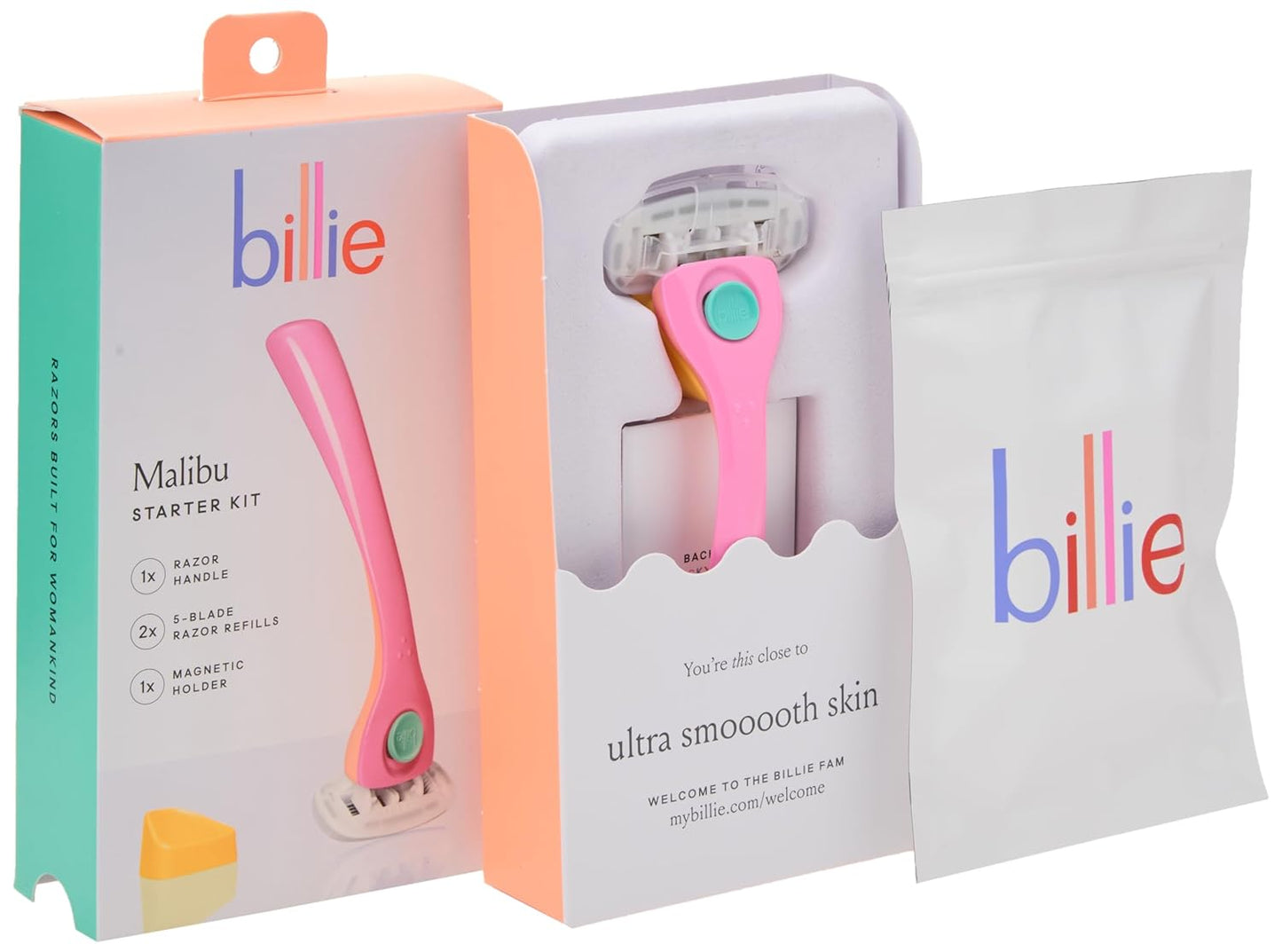 Billie Razors for Women Shave Kit with Women’s Razor, 4 x 5-Blade Razor Refills, Magnetic Holder - Cool Blue and Malibu