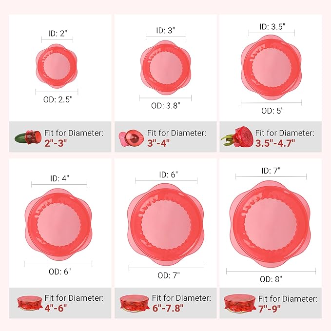 Silicone Stretch Lids for Food Storage in Fridge, Reusable Elastic Bowl Covers for Cup, Cans, Jars, Round & Rectangle Container, Food Grade Silicone Microwave Food Cover, Red, 6PCS