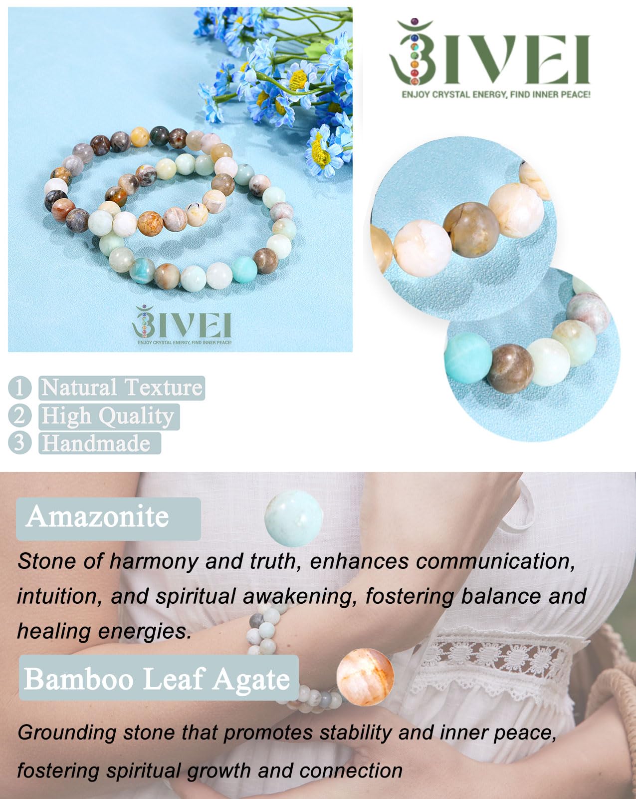 Bivei Natural Gemstone Semi Precious Crystals Handmade Stretchy Round Beads Bracelet, Enhance Positive Energy,Stocking Stuffers for Women(Bamboo Leaf Agate & Amazonite (Good Luck) Medium)