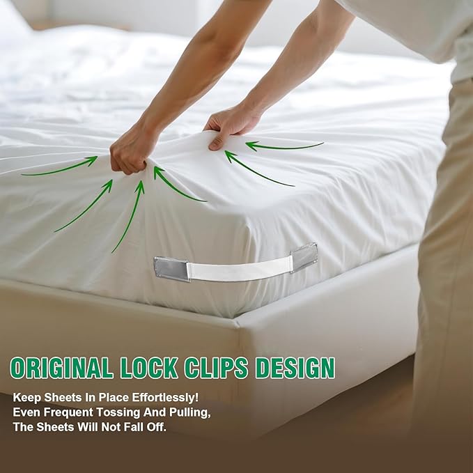 Bed Sheet Holders for Corners, 4Pcs Heavy Duty Fitted Sheet Holder with Lock Fastener Straps &Anti-Slip Pads Keep Sheets Firm&Tight, No More Loose Sheets, Easy Installation for Any Mattress (Beige)