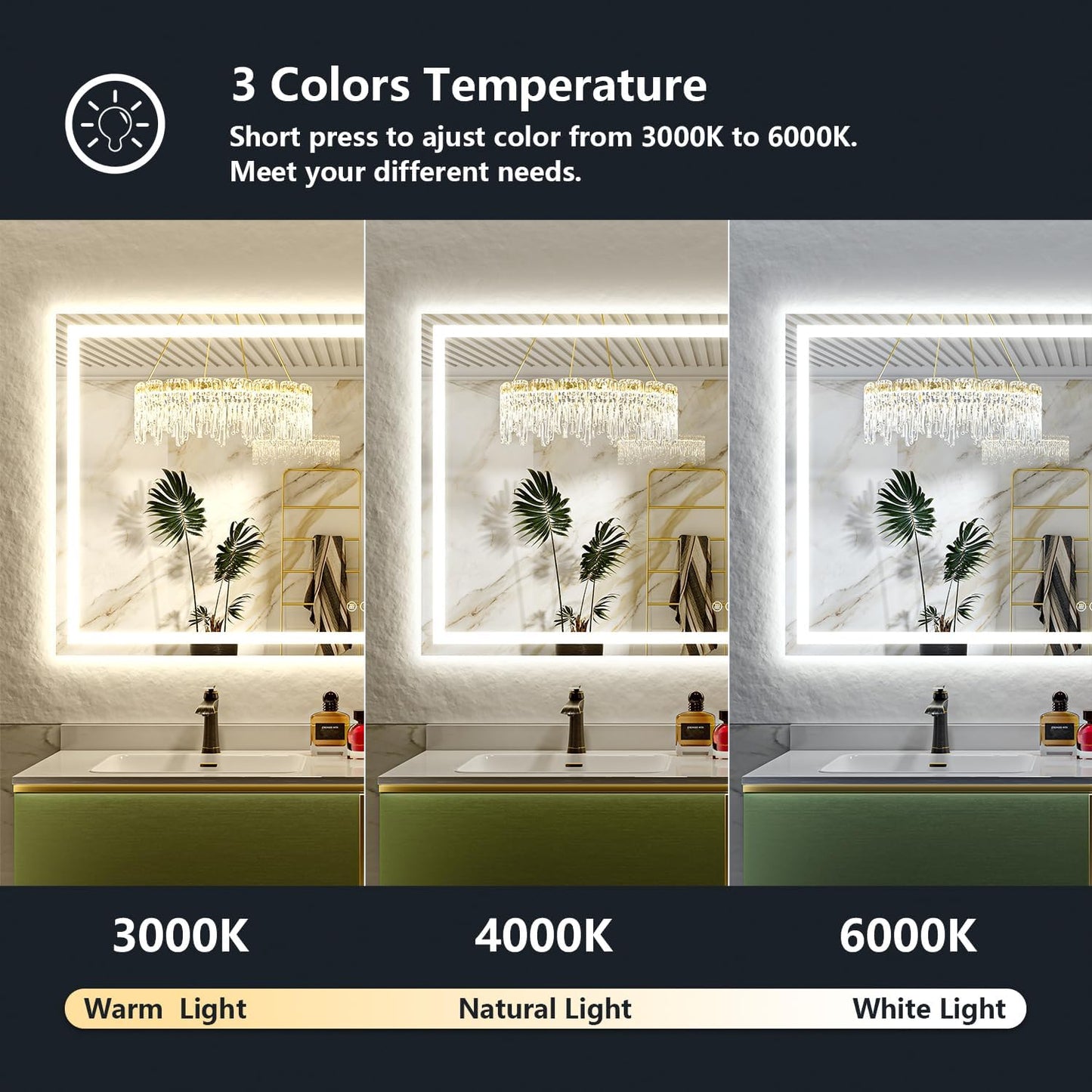 72x40 Inch LED Bathroom Mirror with Lights Front and Backlit Lighted Vanity Mirror for Bathroom Wall with 3 Colors Dimmable Anti-Fog Memory Shatter-Proof IP54 Waterproof Horizontal/Vertical