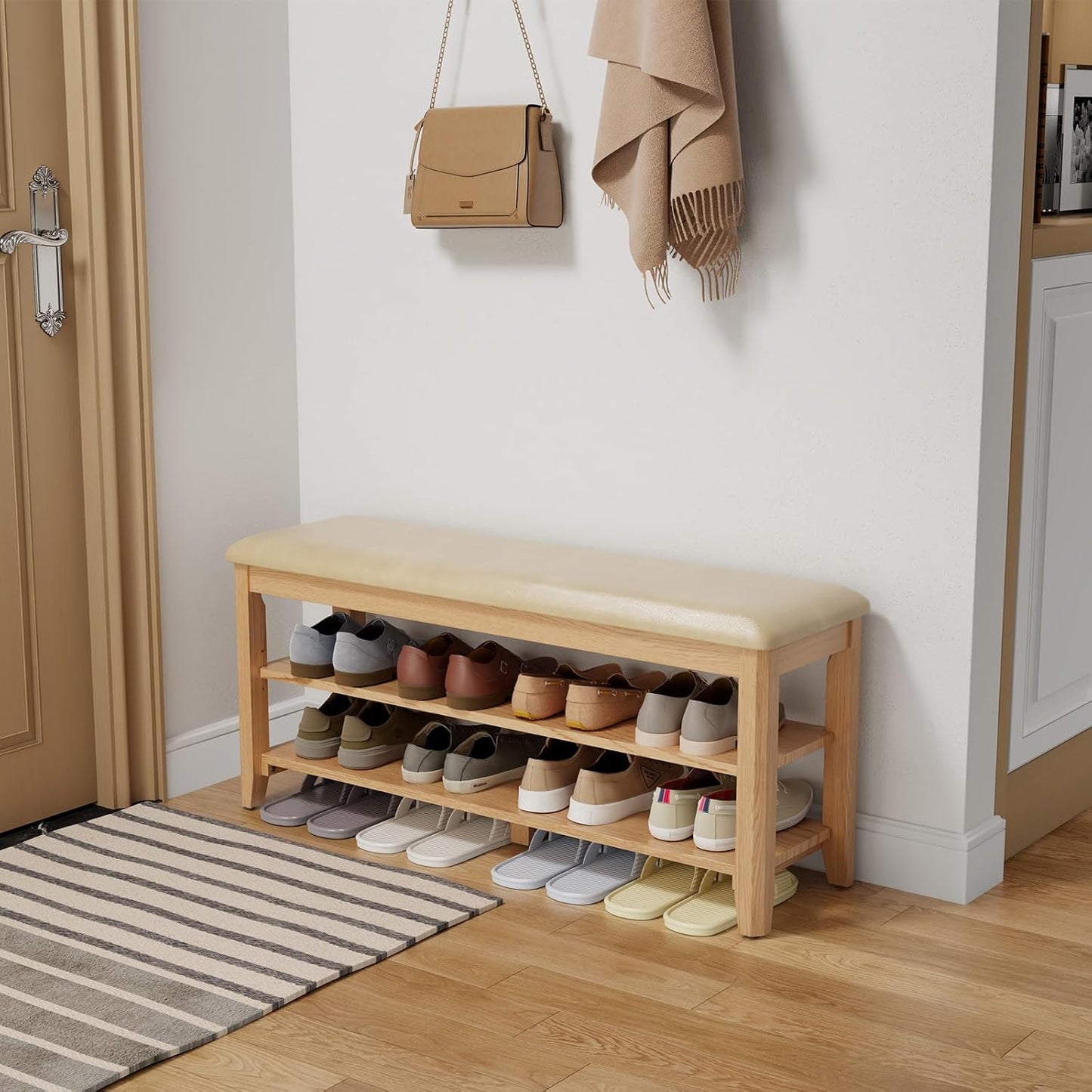 Wood Shoe Rack Bench for Entryway, Shoe Rack for Front Door Entrance with Leather Cushion, 2 Tier Shoe Bench with Shoe Storage for Entryway, Bedroom.