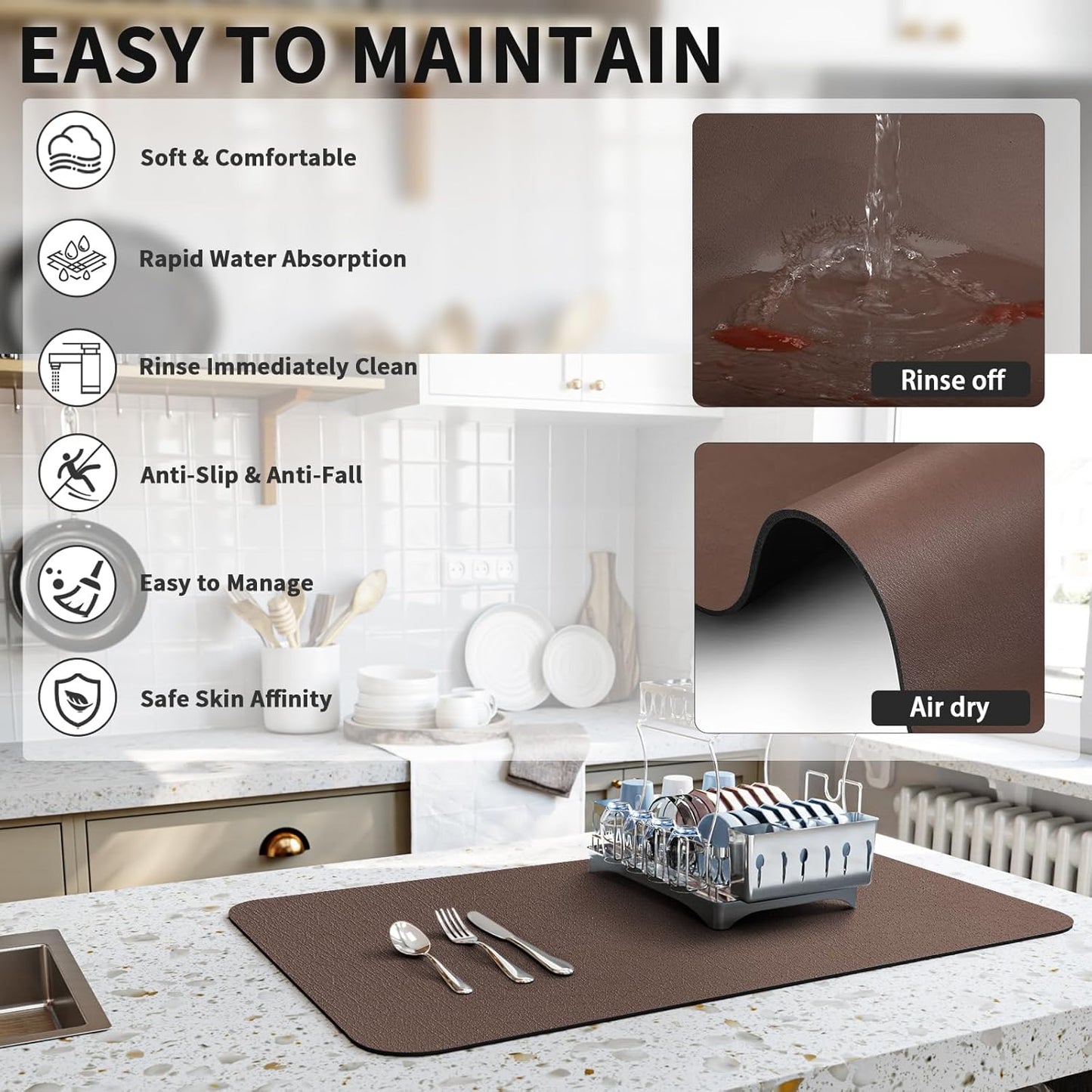 Dish Drying Mat for Kitchen Counter, Heat Resistant Drainer Mats with Non-slip Rubber Backed, Hide Stain Kitchen Super Absorbent Draining Mat, Easy to Clean Dish Rack Pad, Brown 16"x20"