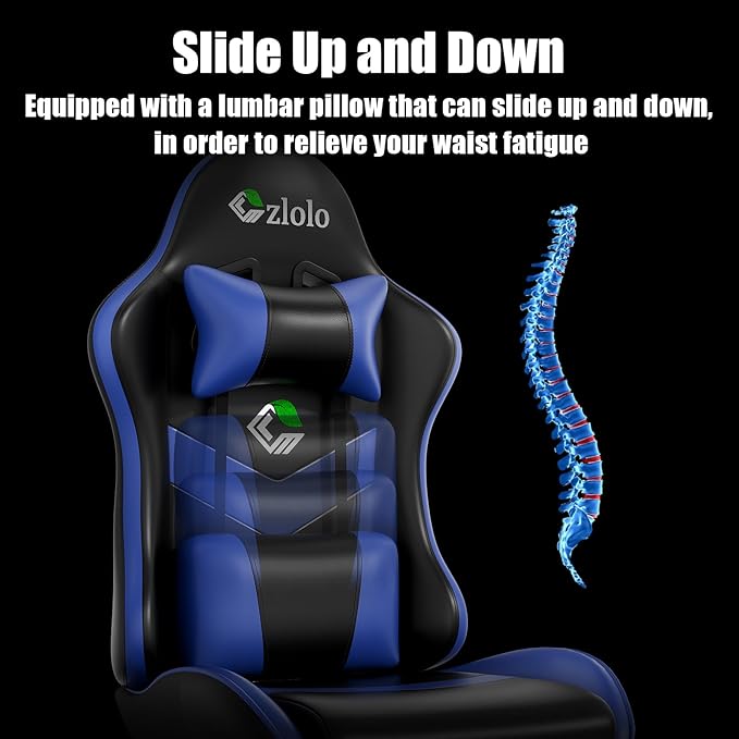 Gaming Chair with Footrest Racing Style Lumbar Support Massager Video Game Chair with Metal Legs, High Back Gamer Chair with Headrest, 360° Swivel Office Computer Desk Chair, Bright Blue