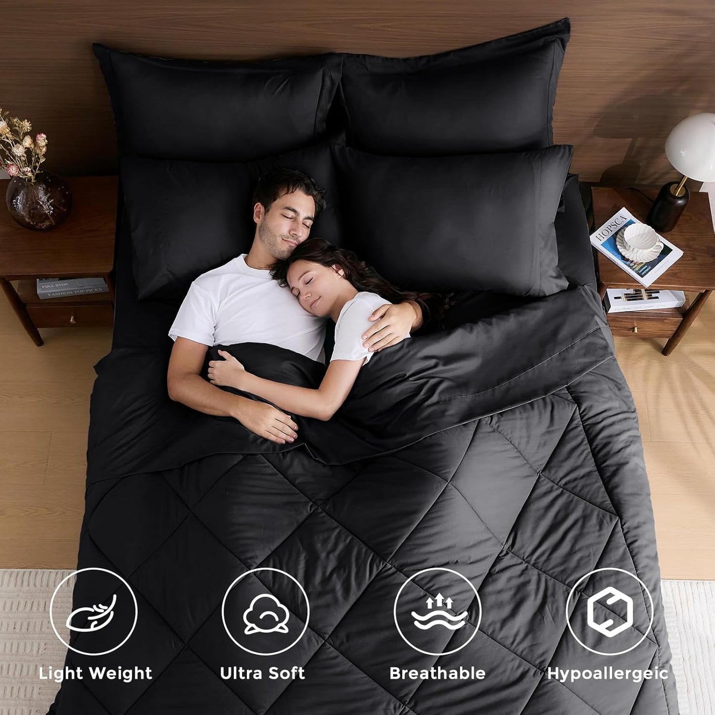 HEVUMYI Black Full Comforter Set - 7-Piece All Season Bed in a Bag Full, Ultra Soft Bedding Set with Comforter, Flat Sheet, Fitted Sheet, Pillowcases, Pillow Shams, Black
