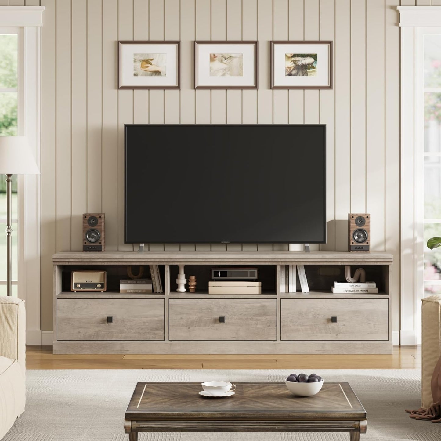 GarveeHome TV Stand for 65/70/75 Inch TV, Entertainment Center with Storage Drawer, Mid-Century Modern TV Console with Open Shelves, 70in Media TV Cabinet for Living Room, Bedroom, Gray