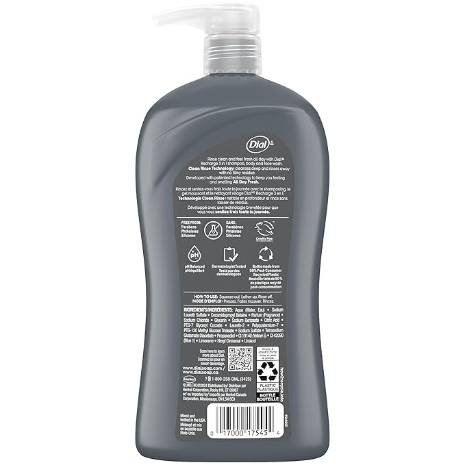Dial Men 3 in 1 Body, Hair and Face Wash, Recharge, 32 Fl Oz, Cedar Leaf Scent, Cleanses Deep + Gentle on Skin with Clean Rinse Technology
