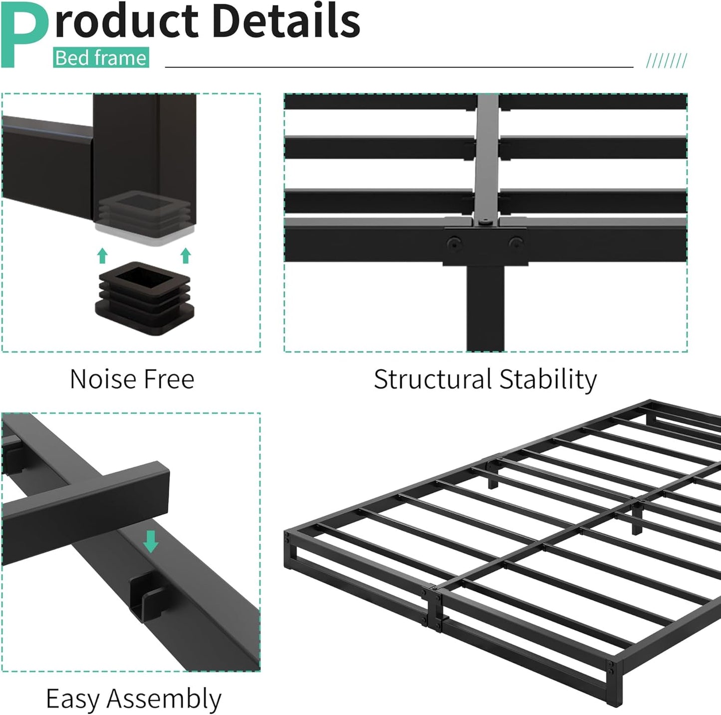 4 Inch Bed Frame Queen Size Heavy Duty Steel Slat Support Metal Platform Queen Bed Frame No Box Spring Needed, Easy Assembly, Black