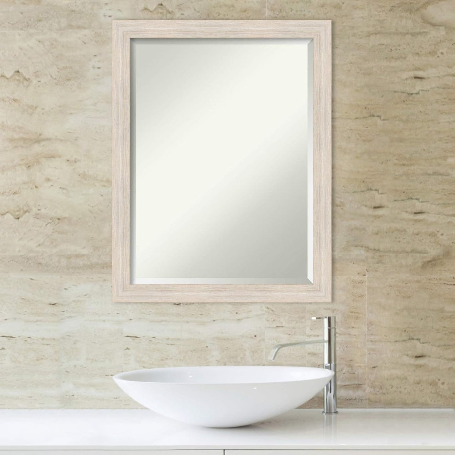 Amanti Art White Bathroom Mirror for Over Sink, 27x21 Hardwood White Wash Narrow Rectangle Vanity Mirror, Medium Rustic Farmhouse Wood Frame, Hangs Horizonally and Vertically, Bathroom Wall Decor