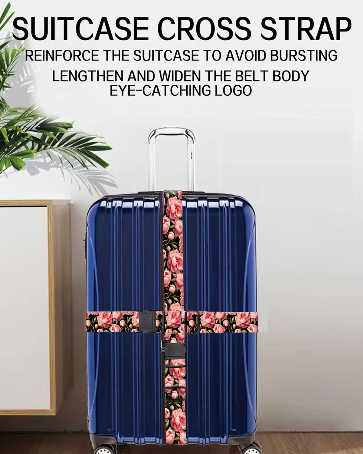 Luggage Straps for Suitcases, Adjustable Travel Belt, Durable Wide Luggage Strap, Cute Suitcase Strap Identifiers with Buckle, Bag Straps for Luggage, Luxury Red Flowers