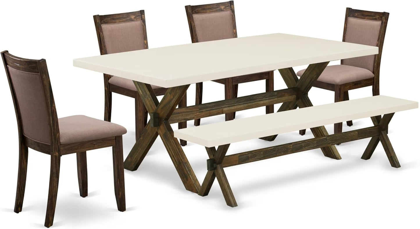 East West Furniture X727MZ748-6 6 Piece Dining Table Set Contains a Rectangle Kitchen Table with X-Legs and 4 Coffee Linen Fabric Upholstered Chairs with a Bench, 40x72 Inch, Multi-Color