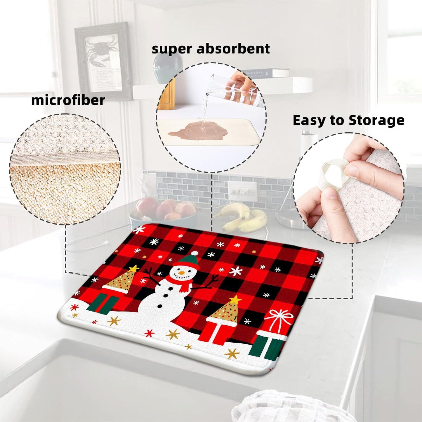 Red Plaid Christmas Drying Mat for Kitchen Counter 16" X 18" Christmas Dish Drying Mat for Kitchen Decor Xmas Drying Mats For Home Counter Drying Mats For Dishes Dish Mat Drying Mat