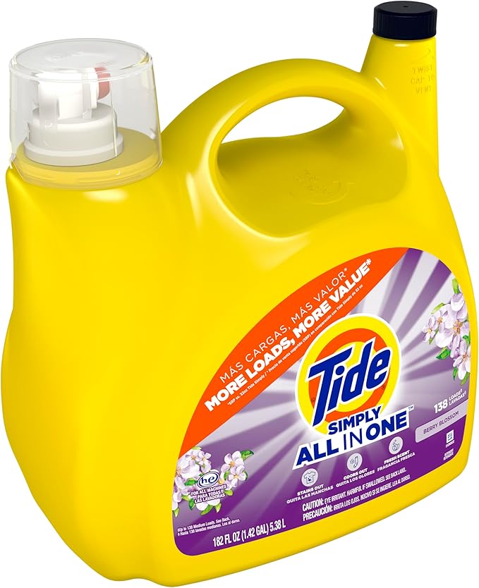 Tide Simply All-In-One Liquid Laundry Detergent, Berry Blossom Scent, 138 Loads, 182 fl oz (Pack of 4)