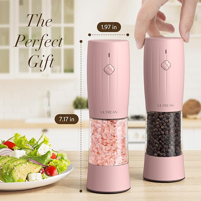 Ultrean Electric Salt and Pepper Grinder Set, Rechargeable Salt and Pepper Shakers, 6 Adjustable Coarseness, LED Light, Kitchen Gadget & Christmas Gifts, Pink