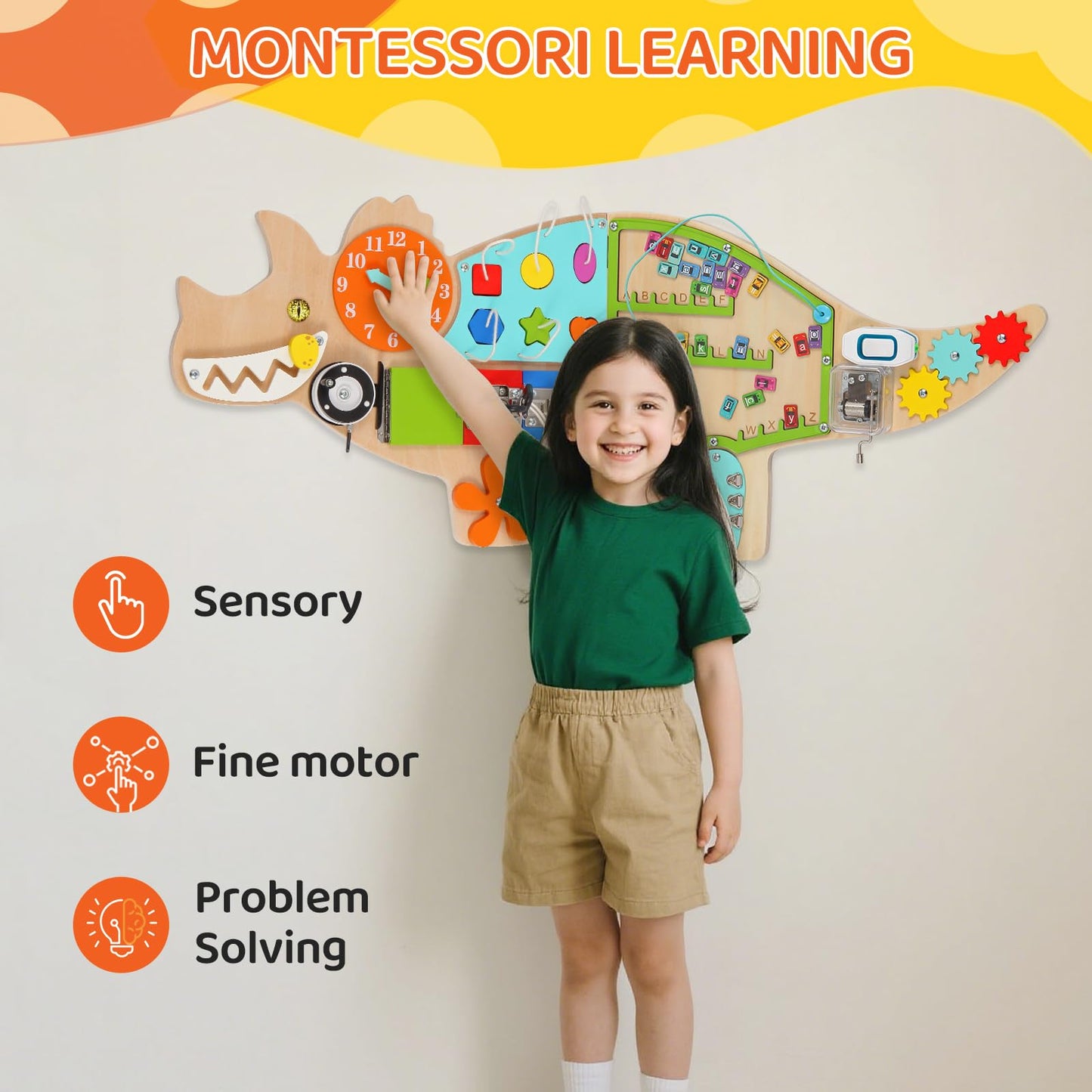 FIIOEOY Dinosaur Activity Wall Busy Board Panels, 11-in-1 Montessori Sensory Wall Panel for Kids, Toddler Learning Activity Center, Perfect for Playroom Daycare Nursery Classroom
