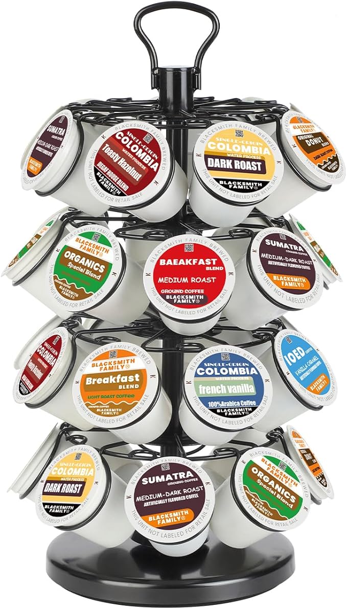 K Cup Holder, K Cup Carousel, Coffee Pods Storage Organizer Stand (Black, 32 Pods Capacity K/D Design)