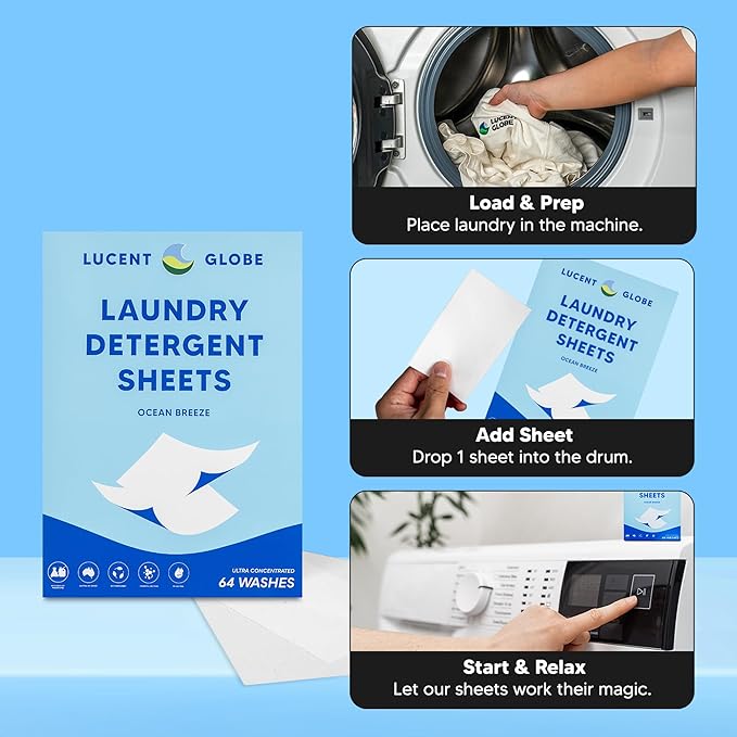 Lucent Globe Laundry Detergent Sheets. Pre-Measured Laundry Sheets. Powerful Stain Removal. Works in All Clothes Washers. (1 Pack - 64 Washes, Ocean Breeze)