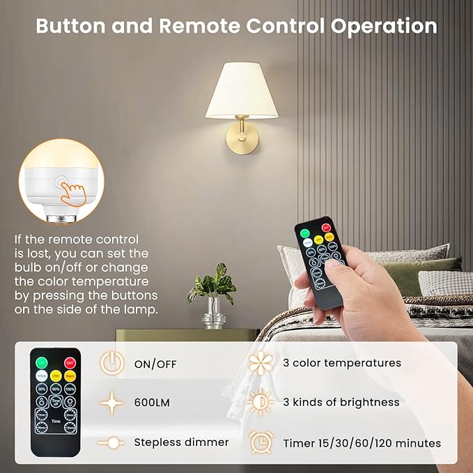 2Packs E26 Rechargeable Light Bulbs with Remote and Timer, 8W 600lm Bright Magnetic Light Bulbs, 2500mAh Battery Operated Lightbulbs, 3 Color Temperature, Dimmer for Non-Hardwired Lamp