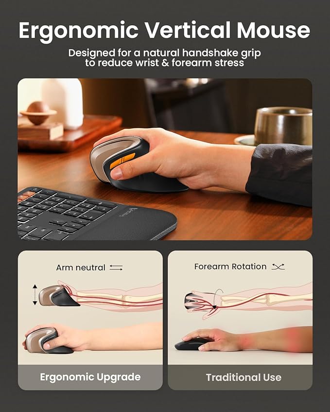 ProtoArc Ergonomic Mouse, EM11 NL Bluetooth Rechargeable Wireless Vertical Mouse, 3 Multi-Device Connectivity for Computer/PC/Laptop, 2.4GHz USB-A Optical Mice for Windows, Mac OS, Black Gold