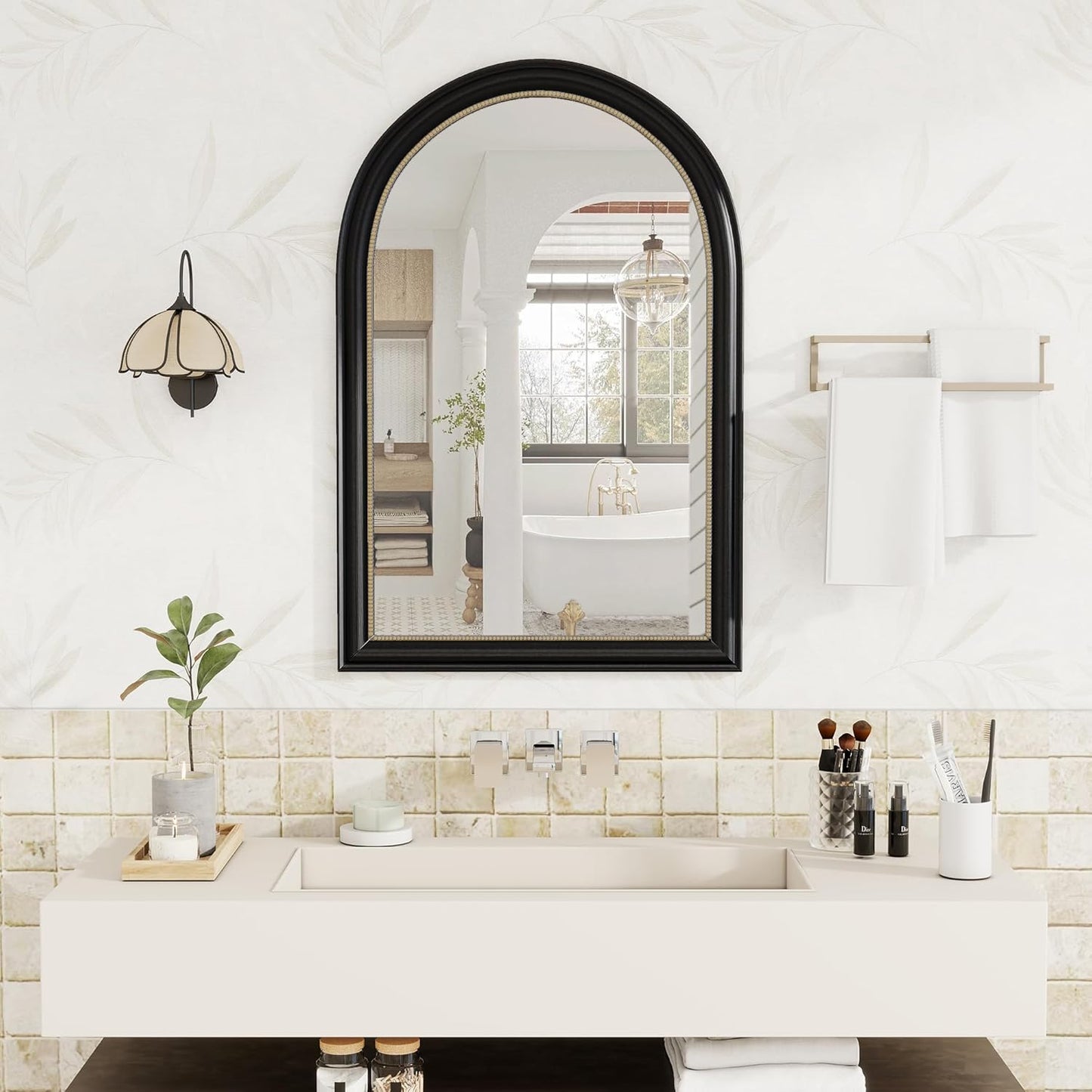 Axeman 24x36 Arched Wall Mirror, Decorative Bathroom Mirror, Traditional Vintage Wall Mounted Mirror with Beaded Frame for Accent Living Room Vanity Bedroom Entryway, Black