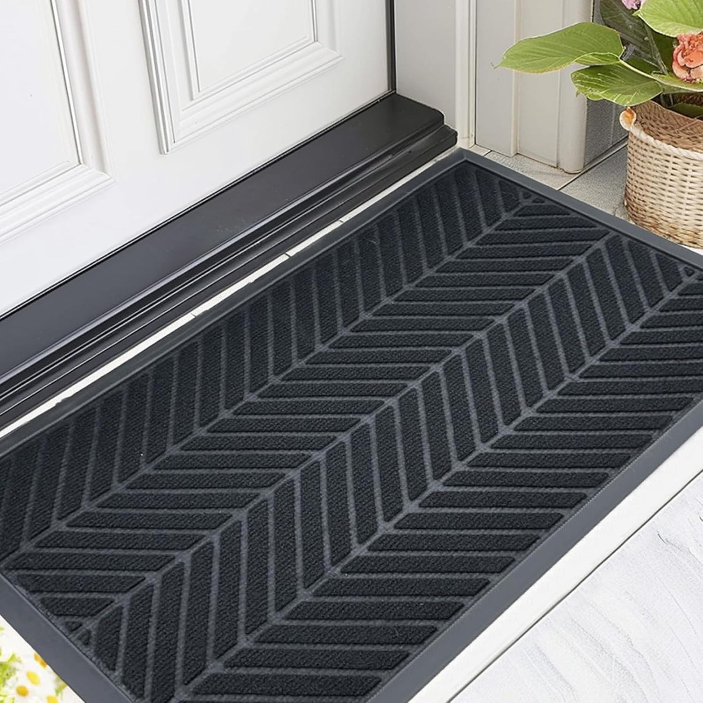 Front Door Mat 36"x24" Indoors Outdoors Welcome Mats, Waterproof Non-Slip Rubber Backing Heavy Duty Doormat Outside Entrance, Low Profile Entryway Rugs Floor Mat for Patio, Pattern A Black