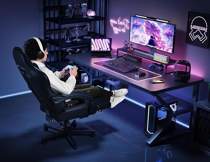 Gaming Chair for Adults with Footrest and Lumbar Support, Height Adjustable Game Chair with 360°-Swivel Seat and Headrest and for Office or Gaming (Black)