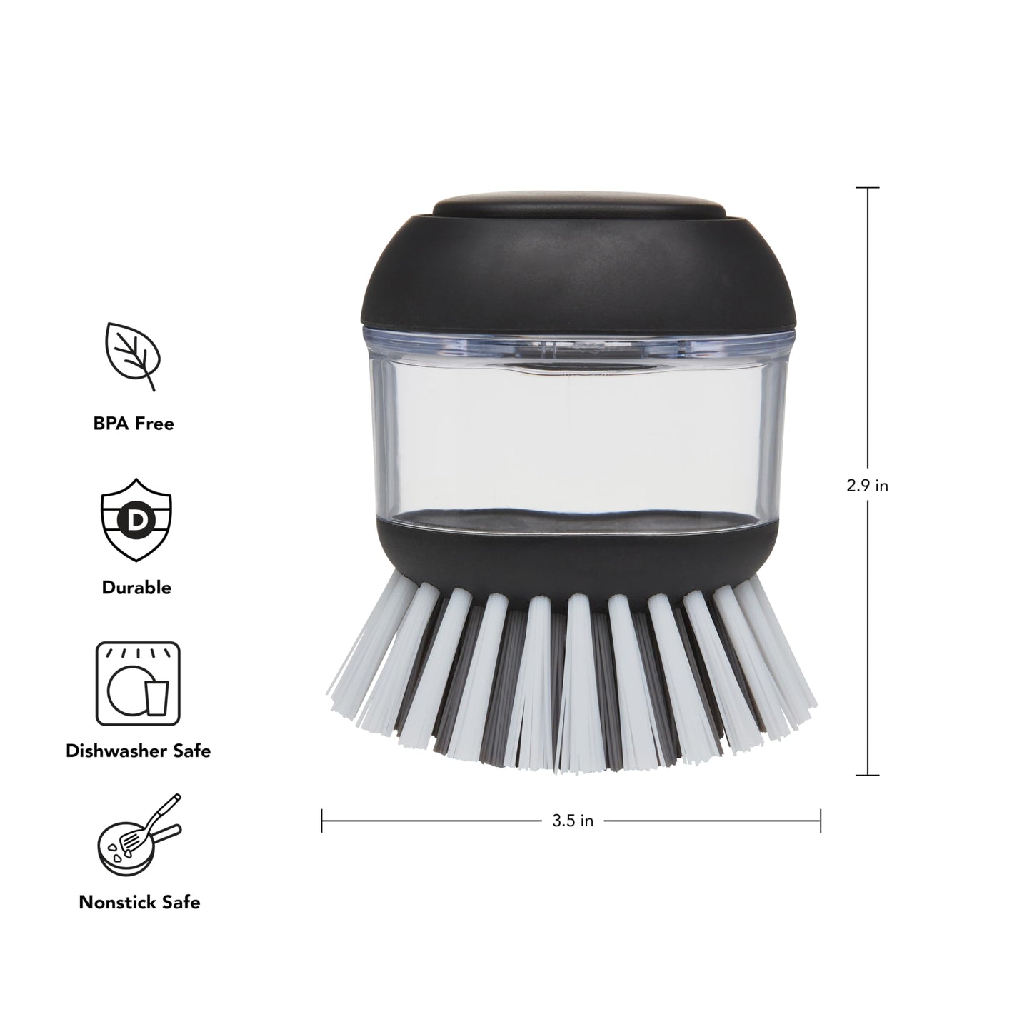 KitchenAid Soap Dispensing Palm Brush with Built in Easy to Fill Soap Dispenser, Non Slip Grip for Easy Cleaning, Safe on Non Stick Cookware, 2.95 x 2.17 x 3.54 inches, Black