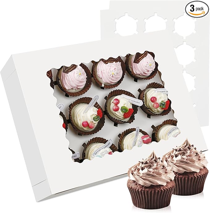 3-Set Cupcake Boxes Bulk with Clear Display Window Hold 12 Standard Cupcakes, Disposable Food Grade White Cupcake Carrier Cupcake Container, Perfect for Cupcakes Muffins Cookies Pastries