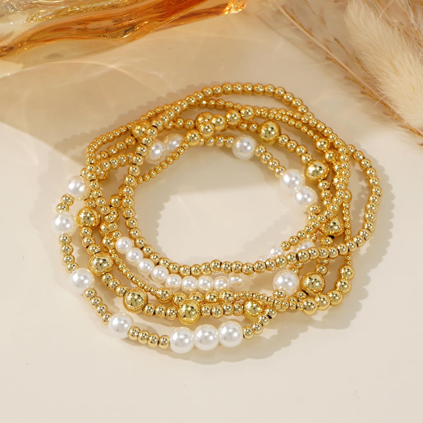 14K Gold Pearl Beaded Bracelet Stack for Women,Dainty Bohemian Stretch Gold Plated Ball Beads Non Tarnish Stackable Bracelets Fashion Holiday Party Jewelry Gift Friendship