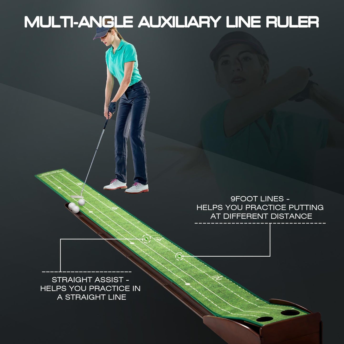 Putting Green Portable Indoor Putting mat，Includes Putting Practice Ball, Wrinkle-Free Mat, and Solid Wood Construction,Office, Living Room, Golf Gift