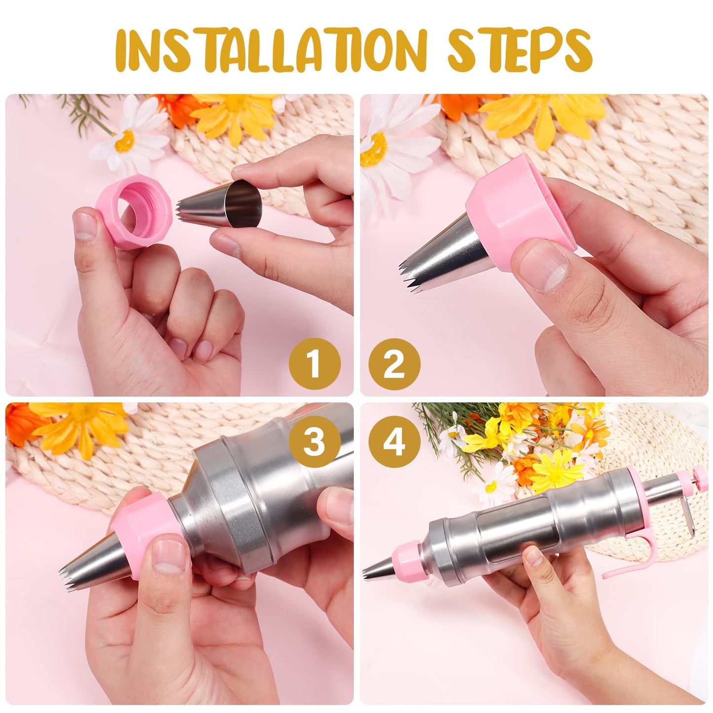 Dualshine Pink Cake Decorating Kit - 6 Russian Piping Icing Nozzles, 3 Cream Scrapers, Stainless Steel Cupcake Frosting Filling Injector
