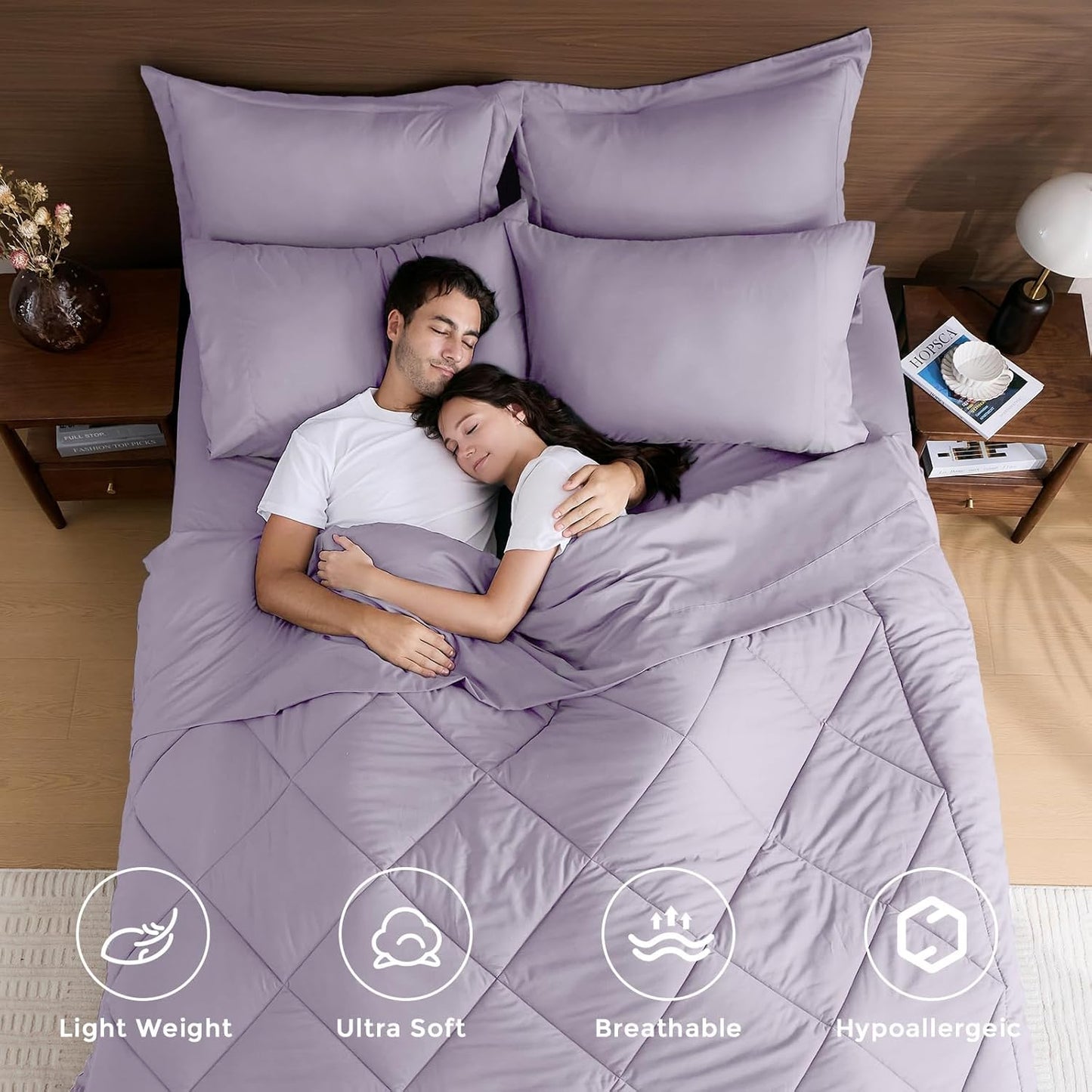 HEVUMYI Purple Twin-XL Comforter Set - 5-Piece All Season Bed in a Bag Twin-XL, Ultra Soft Bedding Set with Comforter, Flat Sheet, Fitted Sheet, Pillowcases, Pillow Shams, Lavender Purple
