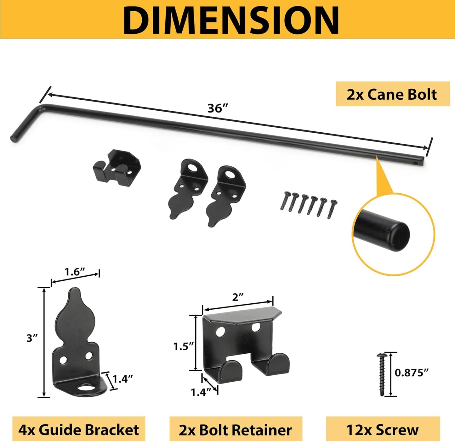 36" Heavy Duty Cane Bolts for Gates with Black Rustproof Powder Upgraded Hardware Gate Drop Rod for Wood PVC Vinyl Fences Gates, Double Doors-2 Pack