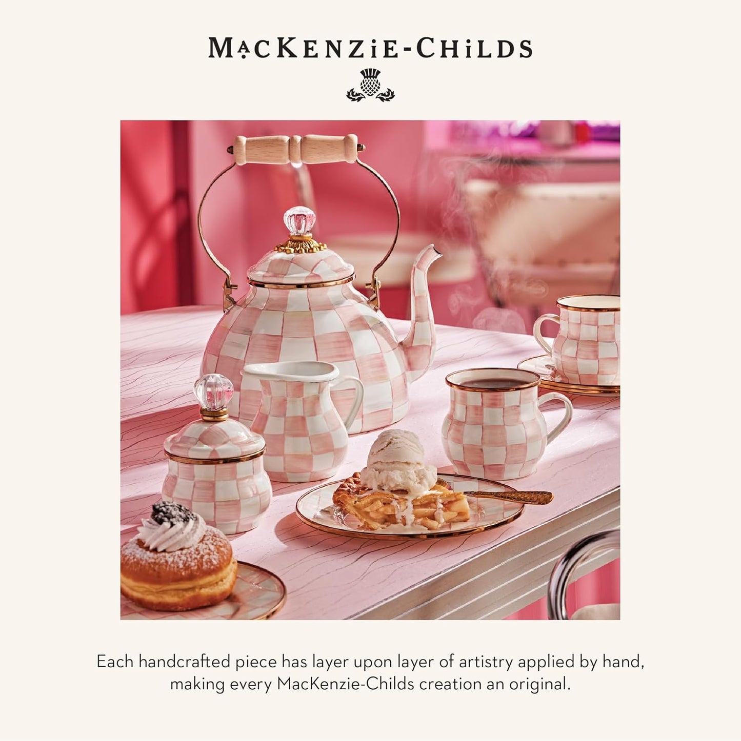 MACKENZIE-CHILDS Enamel Bowl, Serving Bowl for Entertaining, Simply Anything Bowl, Small, Pink-and-White Rosy Check