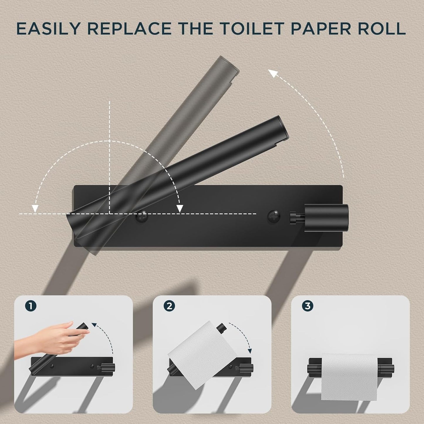 FORIOUS Black Toilet Paper Holder, Adhesive or Wall Mounted Options, Stainless Steel Rustproof Stick on no Drilling Double Post Pivoting Toilet Tissue Roll Holder Wall Mount for Bathroom, Matte Black