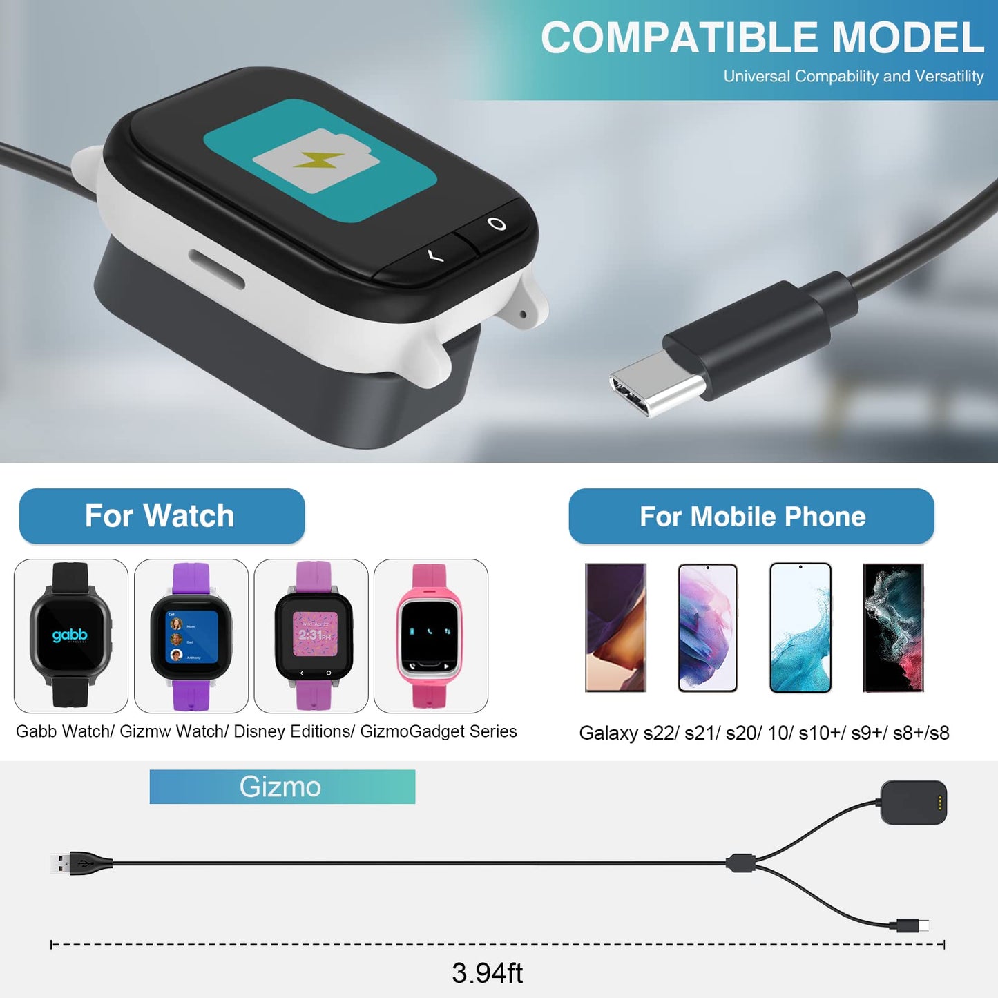2 In 1 Charger Compatible With Version Gizmo Watch 2/Care Smart Watch Charger Dock, Geordgy Portable Magnetic Charging Cord 3.93