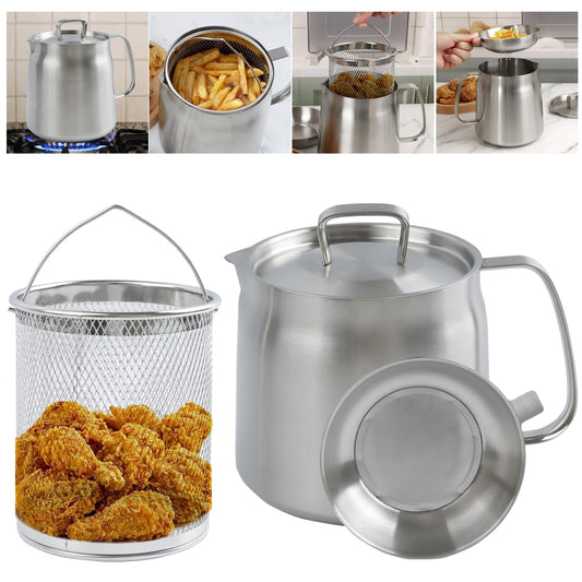 50oz 304 Stainless Steel Oil Filter Pot, Heavy Duty Bacon Grease Container & Deep Fryer Basket, Large Capacity Multi-function Oil Filter Vessel with Strainer for Kitchen Storing Frying Cooking Grease