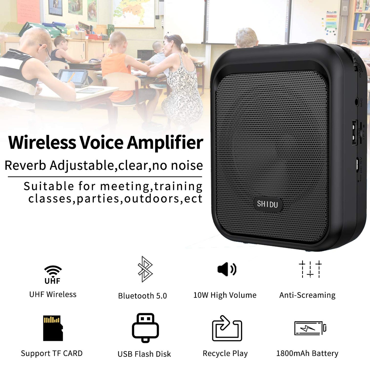 Shidu Mini Voice Amplifier Portable Bluetooth Speaker With Uhf Wireless Microphone Headset 10W 1800Mah Pa System Supports Mp3 Fo