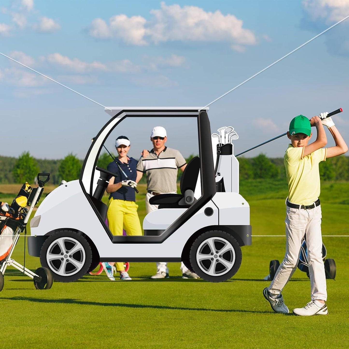 Golf Theme Party Decoration Golf Cart Shaped Photo Backdrop Let’s Par-Tee Theme Photo Booth Props Hanging Banner for Kids Adults Golfer Birthday Baby Shower Sports Retirement Party Supplies