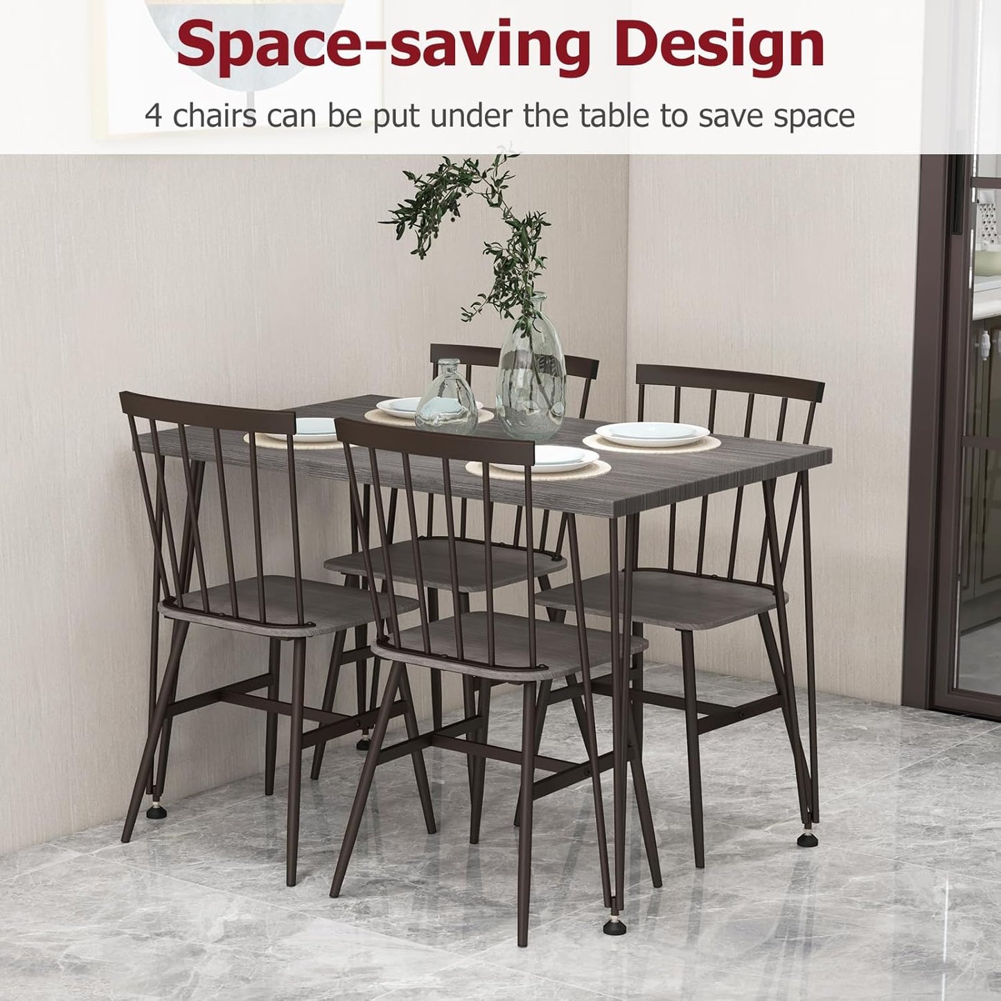 Tangkula Dining Table Set for 4, Kitchen Table and Chairs Set of 4 w/Metal Frame, 360° Swivel Feet, Space-Saving Dinette Table Set for Living Room, Restaurant, Breakfast Nook (Grey Oak)