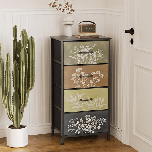 Tohomeor Vintage Dresser Vertical Nightstand with Neutral Botanical Plant Fabric Chest Drawers for Closet Bathroom Storage Tower Unit Bed Side Organizer Farmhouse Rustic (Multi, 4 Drawers)