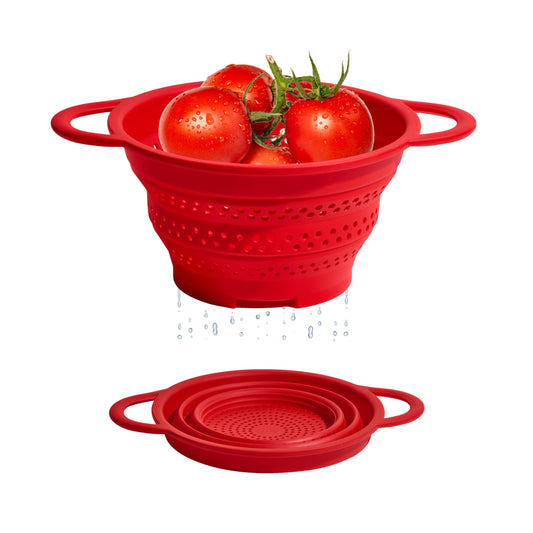 GIR Collapsible Colander for Kitchen, Silicone Strainer and Steamer, BPA-Free, Heat-Resistant, Space-Saving Collapsible Strainer with Stainless Steel Rim, Dishwasher Safe - Red