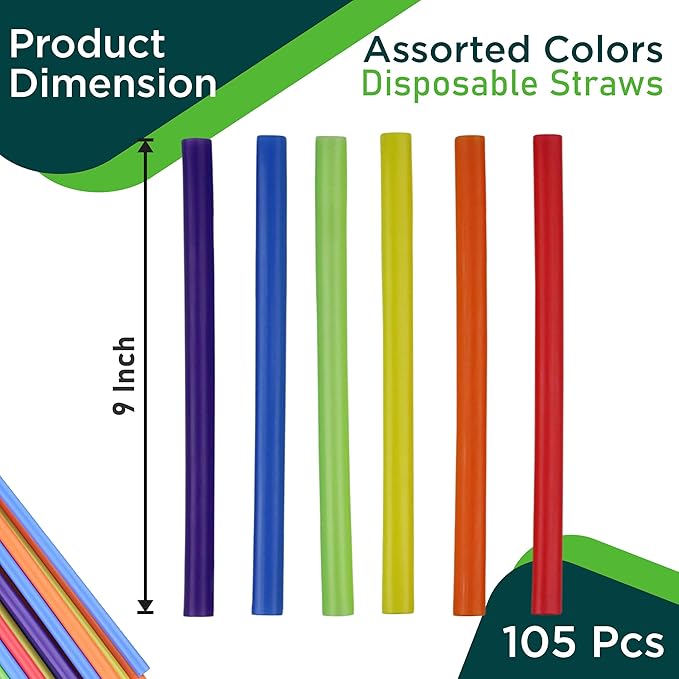 9" Wide Mouth Milkshake/Smoothie Straws/Assorted Neon Colors - Pack of 105ct (105)