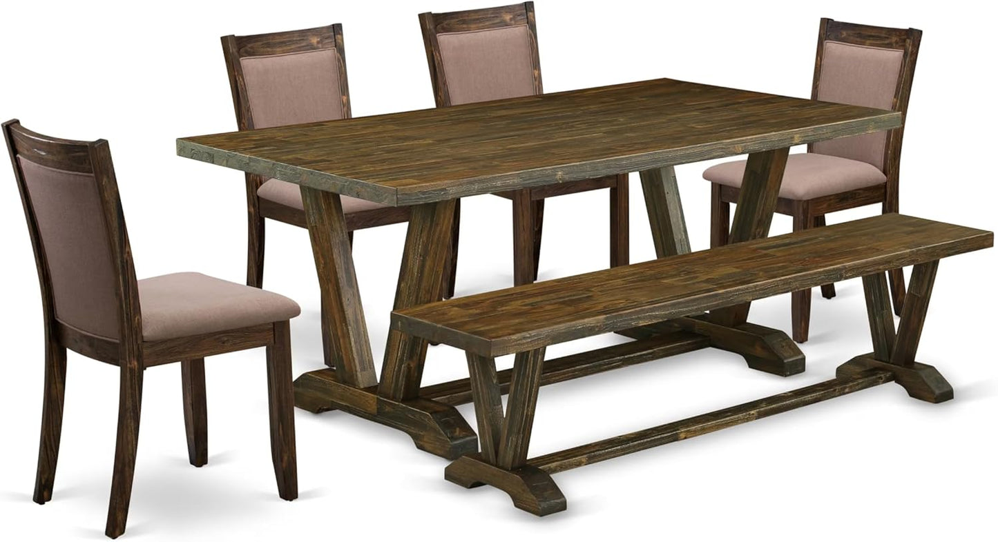 East West Furniture V777MZ748-6 6 Piece Dinette Set Contains a Rectangle Dining Room Table with V-Legs and 4 Coffee Linen Fabric Parson Chairs with a Bench, 40x72 Inch, Multi-Color