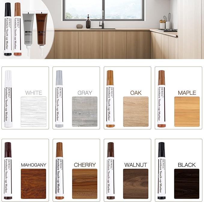 DEWEL 8 Colors Wood Furniture Repair Kit - Wood Fillers and Touch Up Markers, Upgrade Wood Furniture Repair Kit，Repair Scratch, Cracks, Discoloration for Wooden Door, Floor, Table, Cabinet，Set of 20