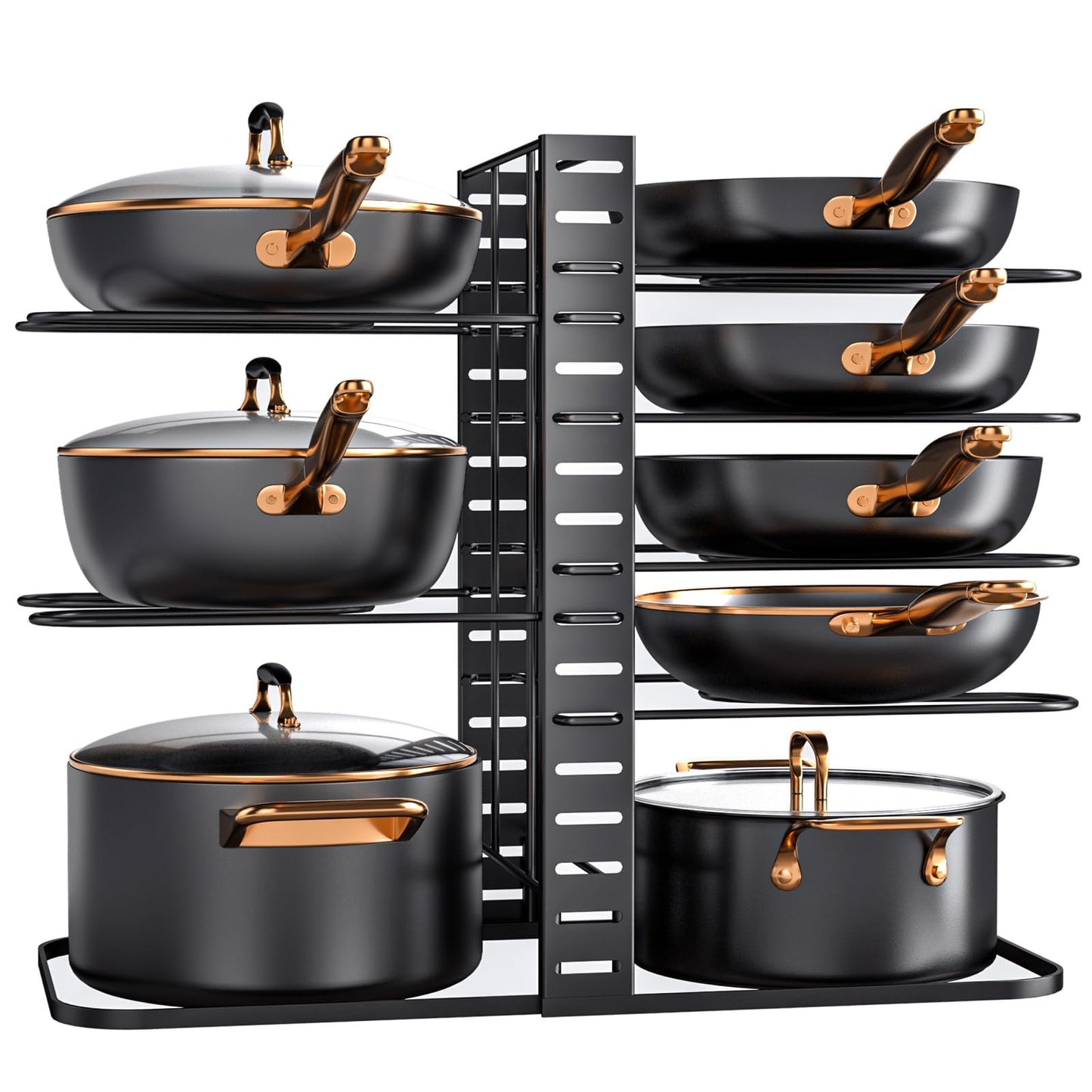 MUDEELA Pots and Pans Organizer Rack under Cabinet 14.55in Height, 8-Tiers Adjustable Pot Rack with 3 DIY Methods, Pot Lid Organizer inside Cabinet for Kitchen Pantry Organization and Storage