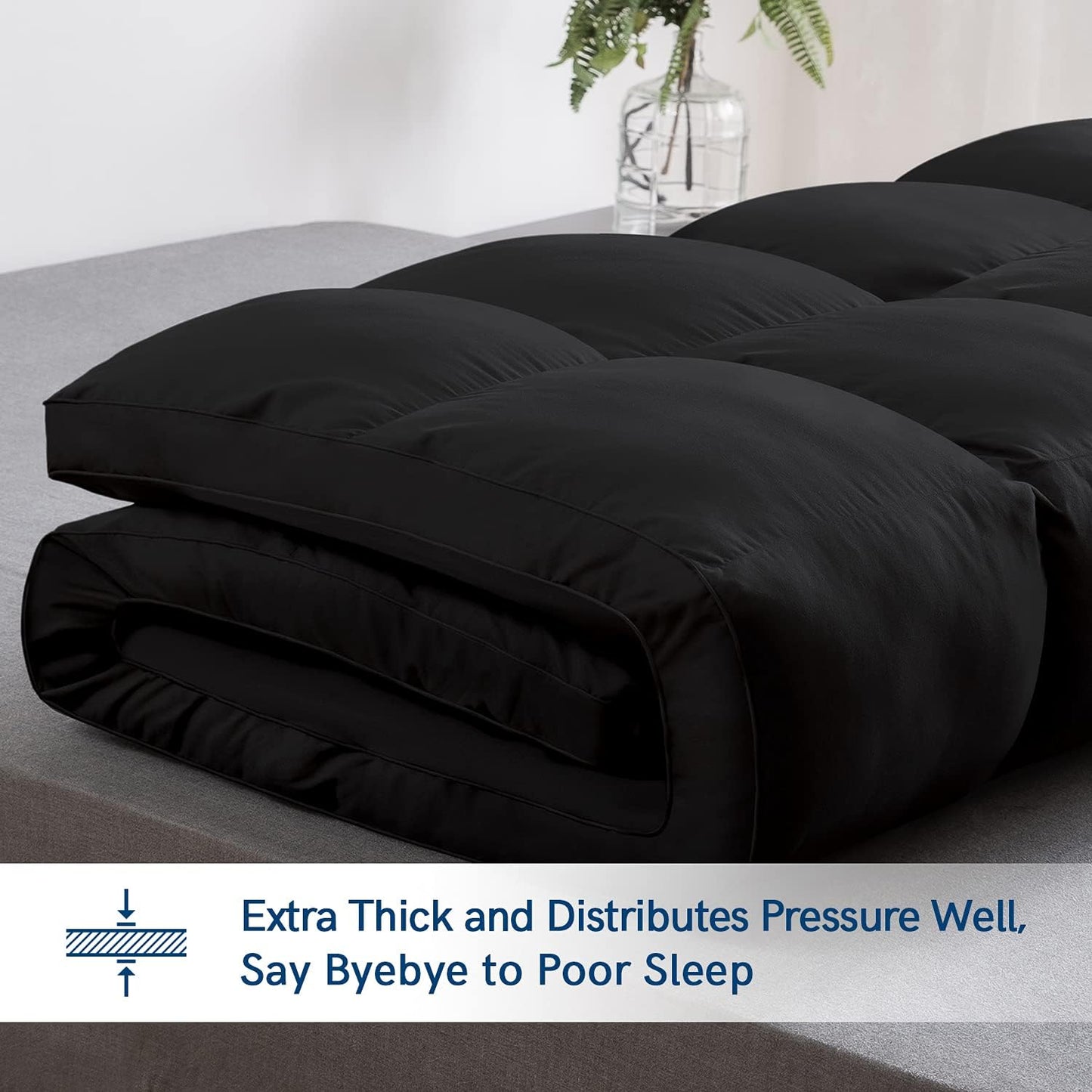 ELEMUSE Twin Black Mattress Topper for Back Pain, Extra Thick Mattress Pad Cover, Plush Soft Pillowtop with Elastic Deep Pocket, Overfilled Down Alternative Filling