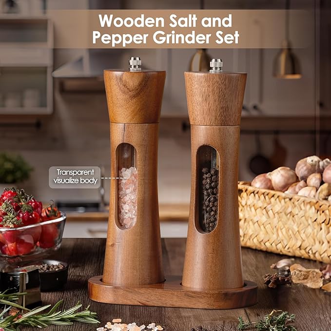 Wooden Salt and Pepper Grinder Set, 8 inch Manual Salt and Pepper Mill with Brush and Spoon, Adjustable Coarseness, Refillable Pepper Grinder for Kitchen, Transparent